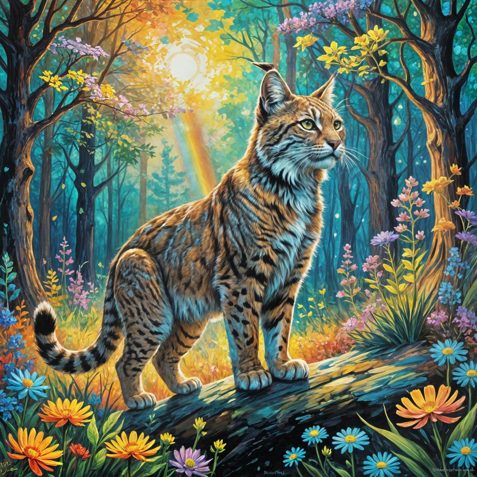Whimsical Neo-Impressionist Bobcat in Enchanted Forest