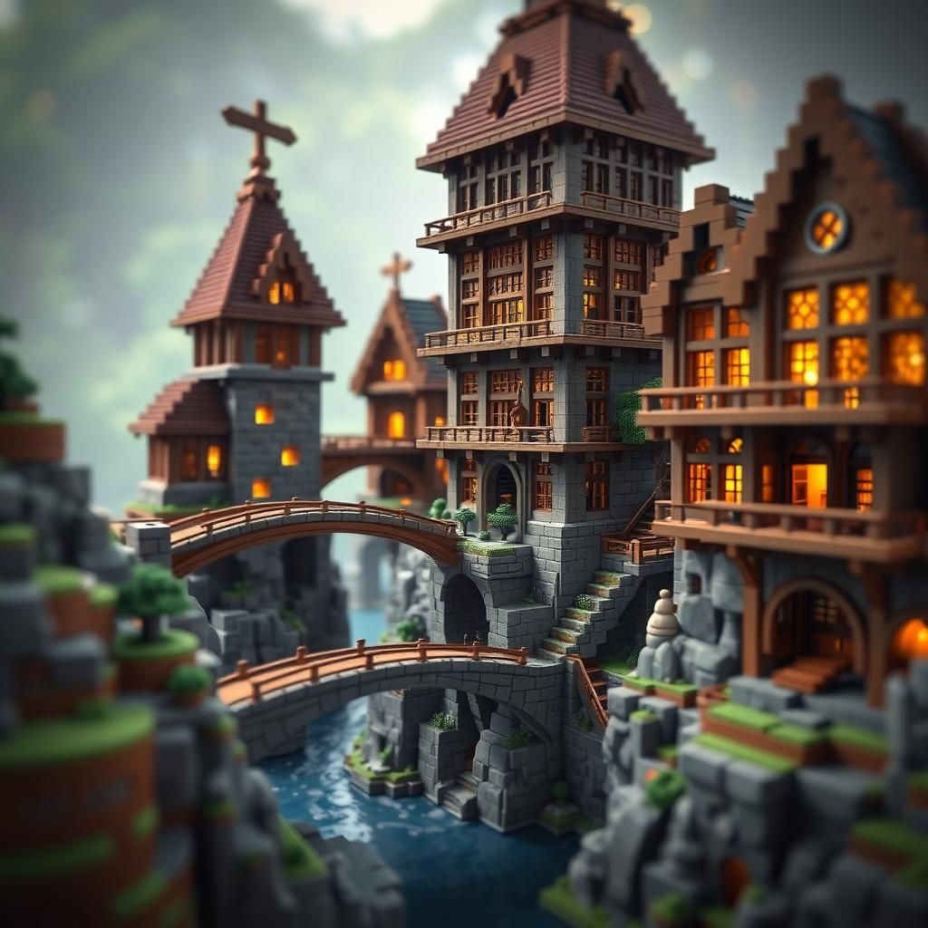 Minecraft Buildings Connected by Bridges