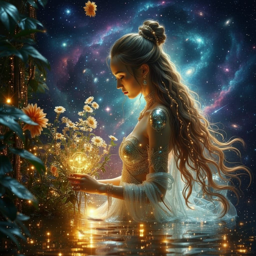 Celestial Android Tending Bioluminescent Garden