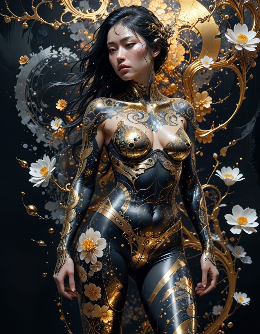 Cyborg Yakuza Samurai Woman in Glowing Line Art Style