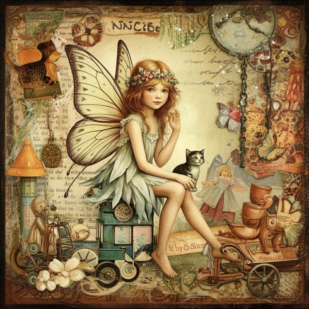 Enchanted Whimsy: Fairy and Feline Friend in Vintage Wonder