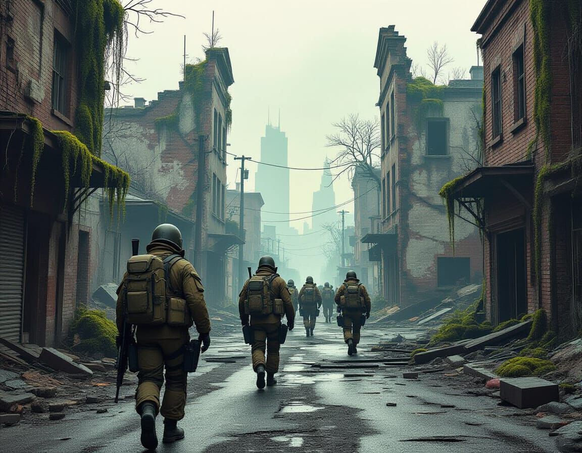 Dystopian Cityscape: Soldiers Among Nature's Ruins