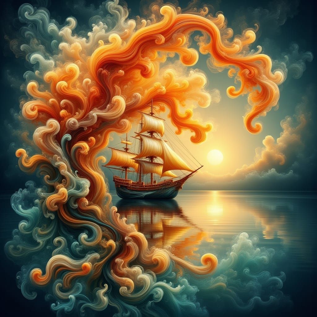 Pirate Ship in Pumpkin Seashell, Watercolor & Ink Art