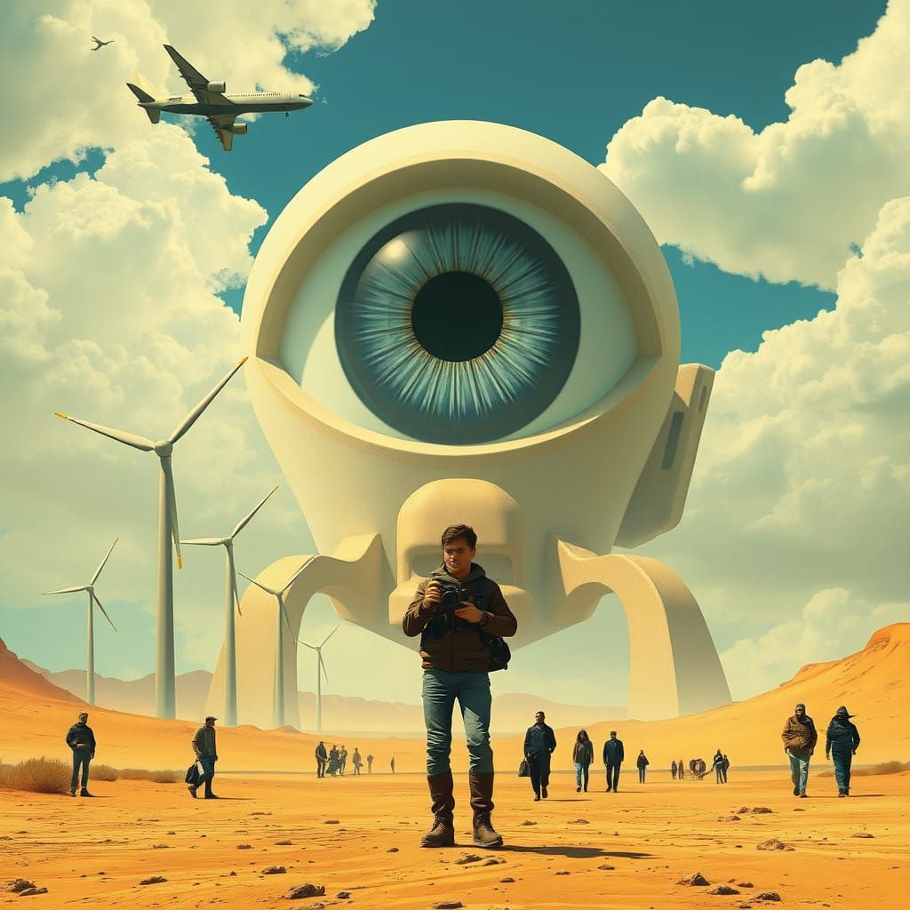 Surreal Retro-Futuristic Landscape with Giant Eye and Windmi...