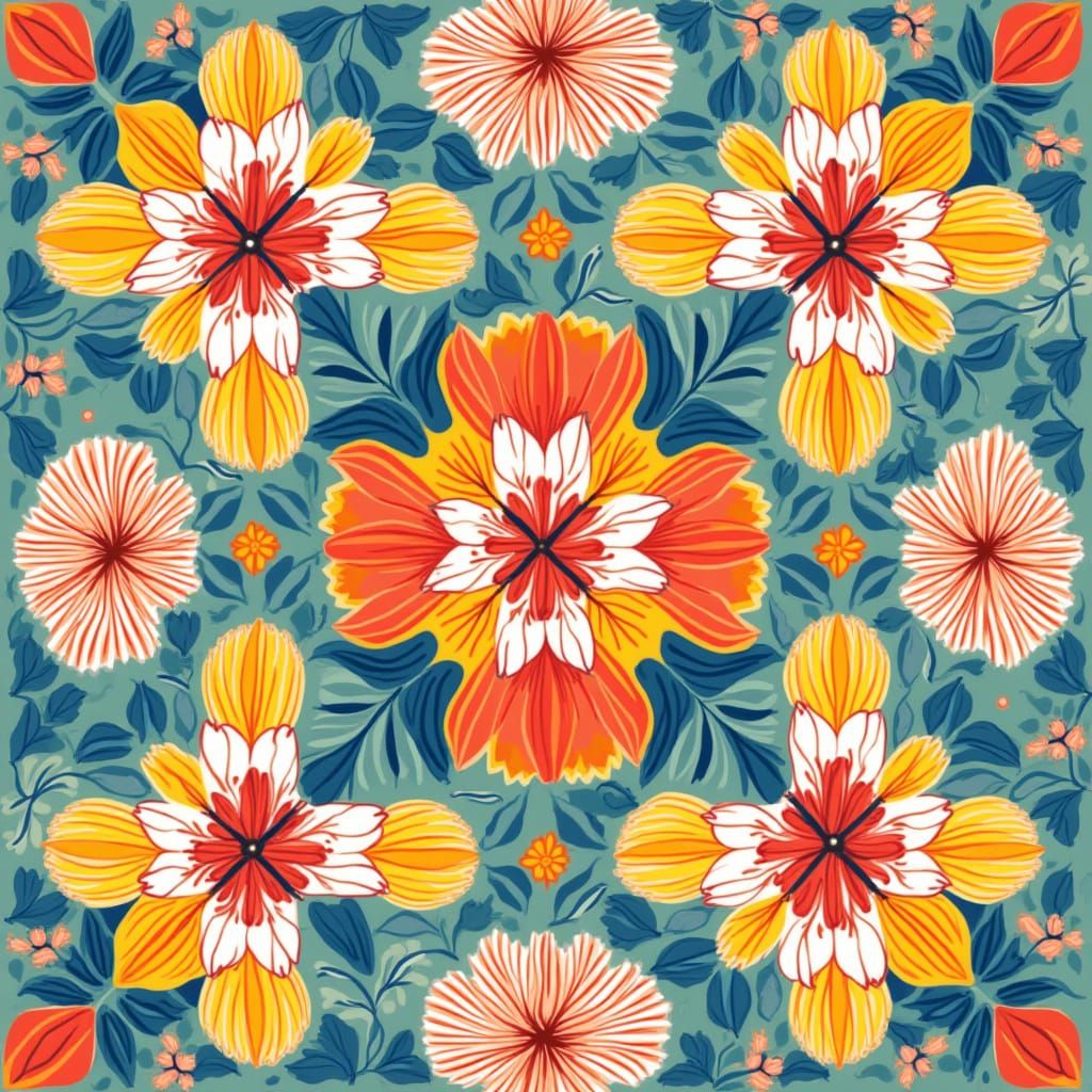 Kaleidoscopic Floral Tessellations in Vector Art Style