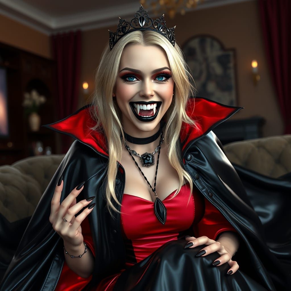 Vampiress in Elegant Vampire Attire Watches TV