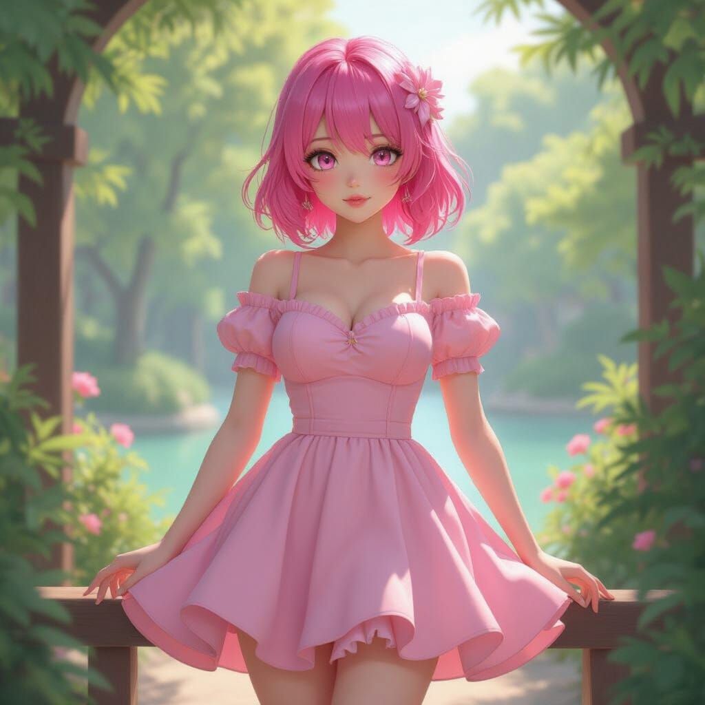 Anime Woman with Pink Hair in Serene Setting