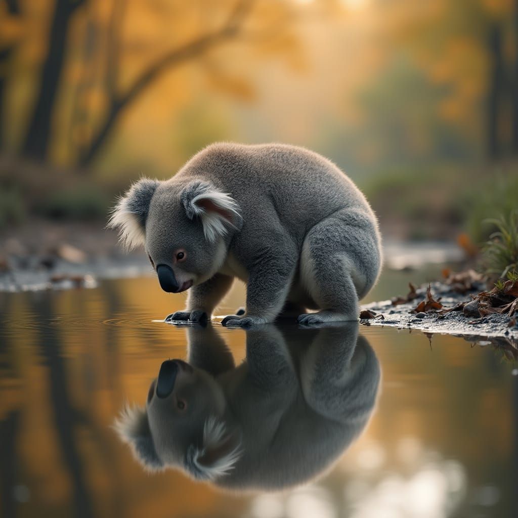 Koala Drinks from Pond, Symmetrical Reflection