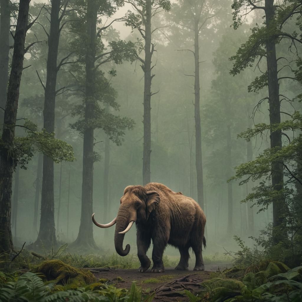 Lone Mammoth in Misty Prehistoric Forest