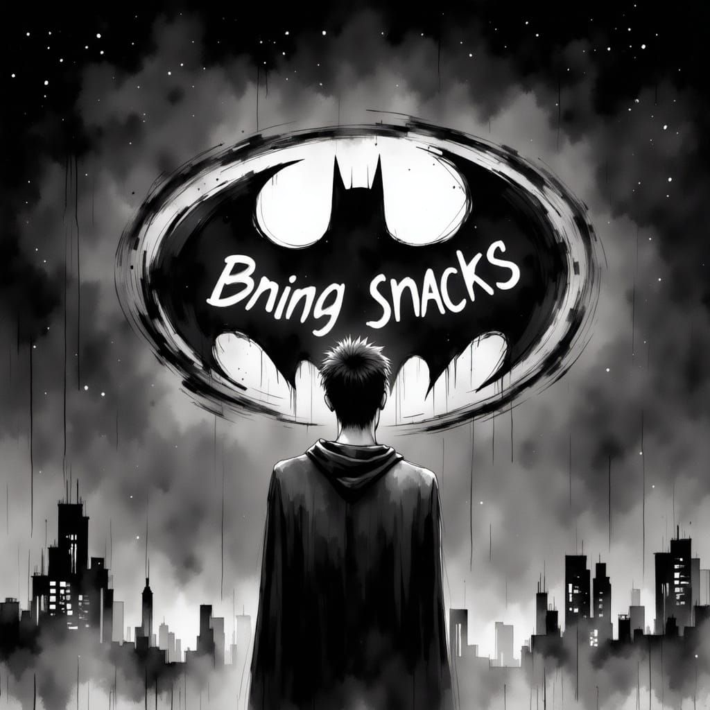 Caped Hero Gazing Up at Humorous Bat-Signal in Noir Style