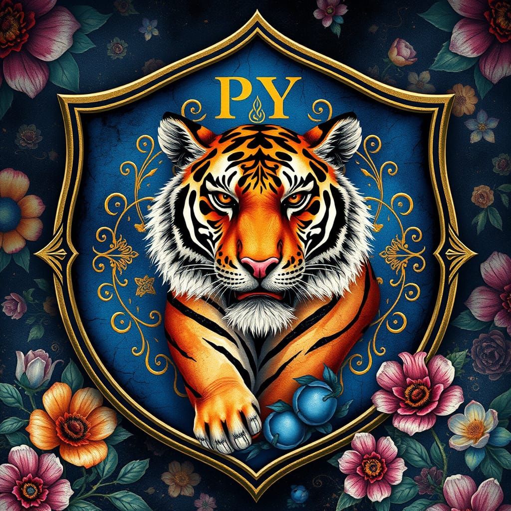 Vintage Fantasy Logo in Deep Blue Shield with Tiger and Flor...