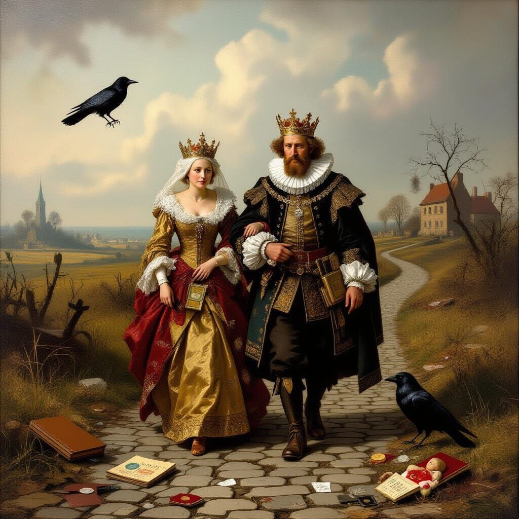 King and Queen's Desperate Journey: Renaissance Oil Painting