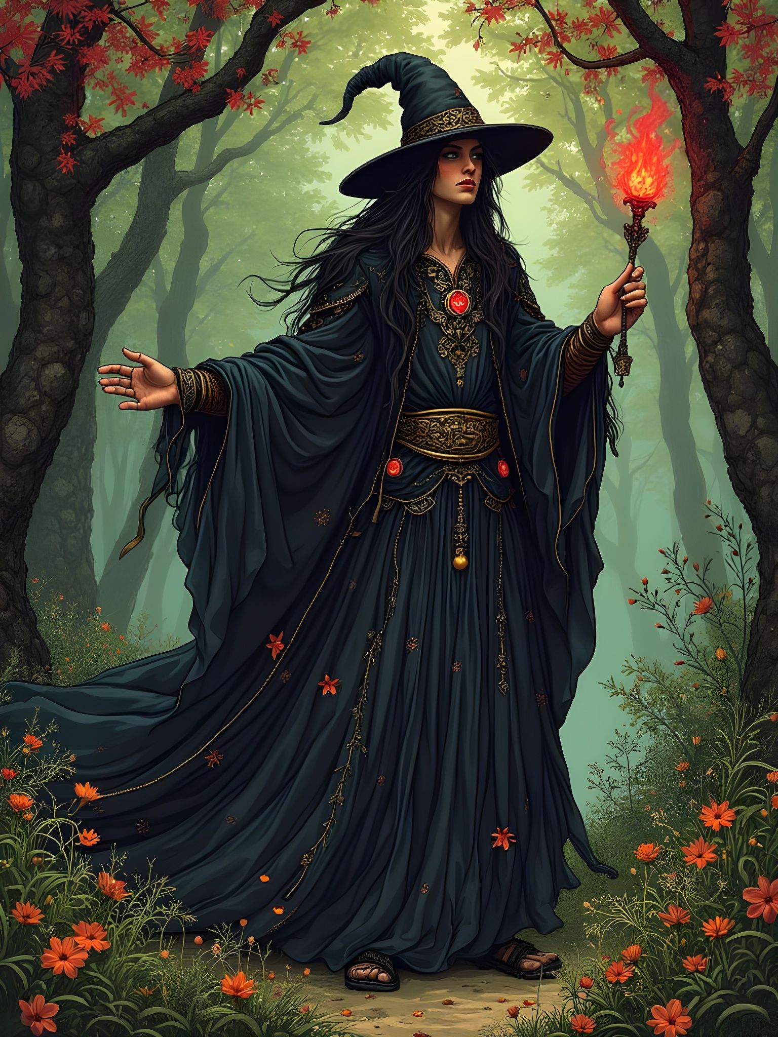 a surly sorcerer in a forest, carrying a dazzling ruby bejeweled wand, art nouveau, bella kotak, aubrey beardsley