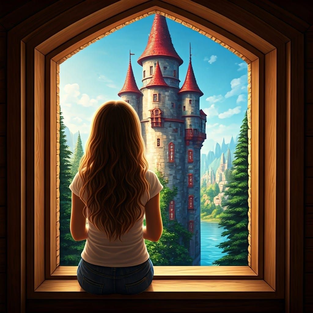 Princess Gazing from Tower Window Scenery