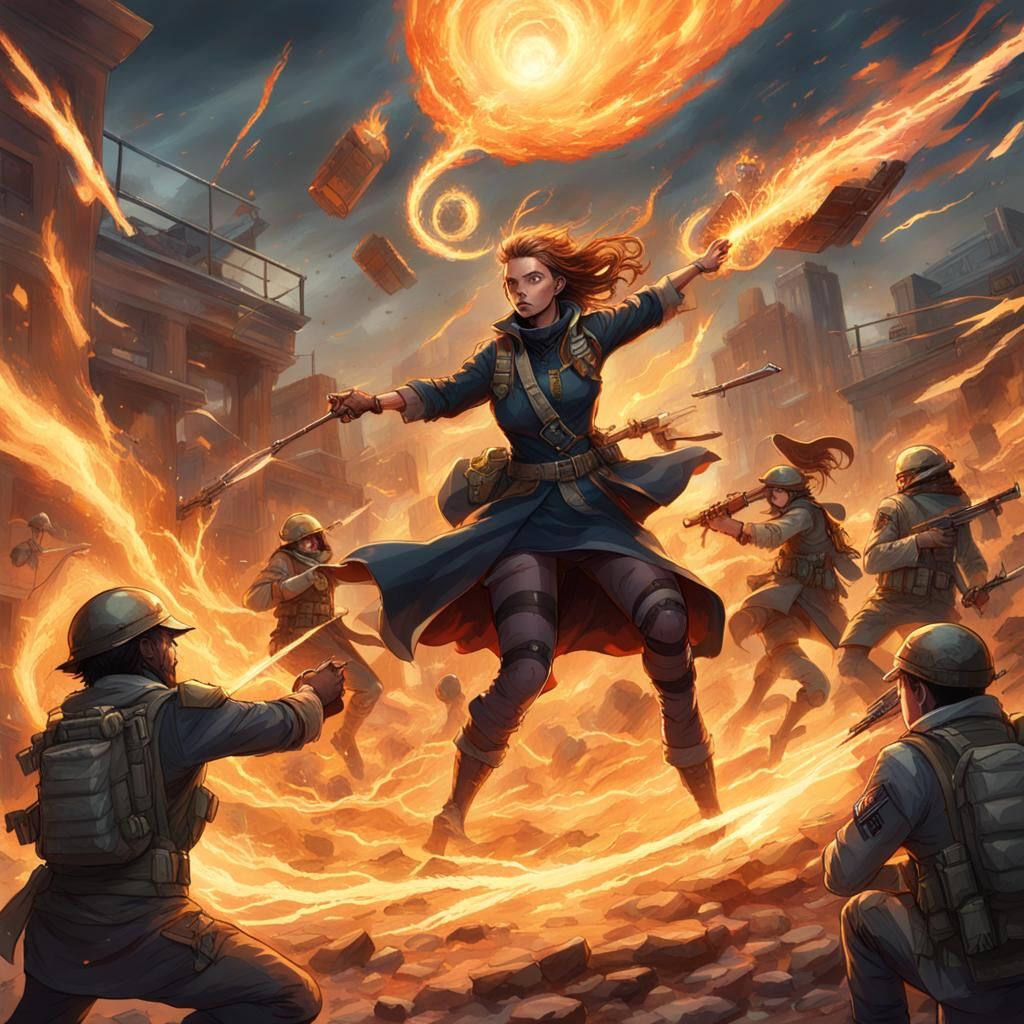 Magic User Battles Soldiers with Fire and Earth