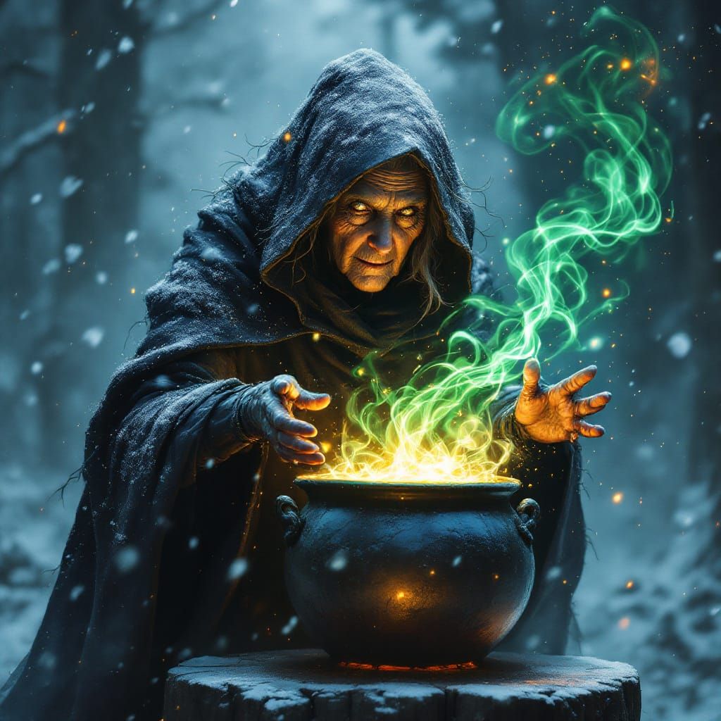 Mysterious Witch Brewing Potion in Snowstorm