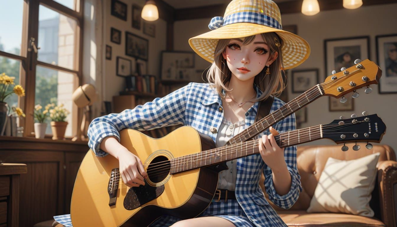 Vibrant Anime Girl Plays Guitar in Gingham