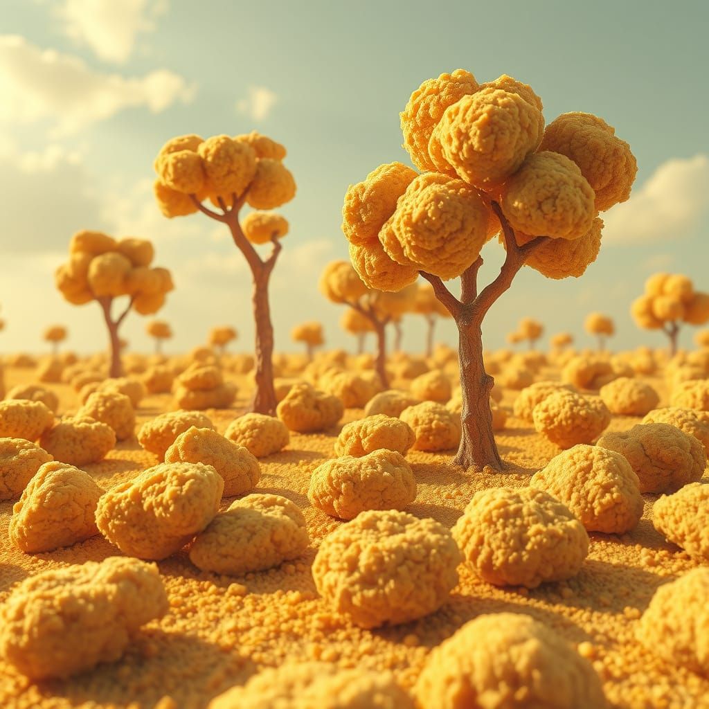 Golden Chicken Nugget Landscape in Surreal Forest