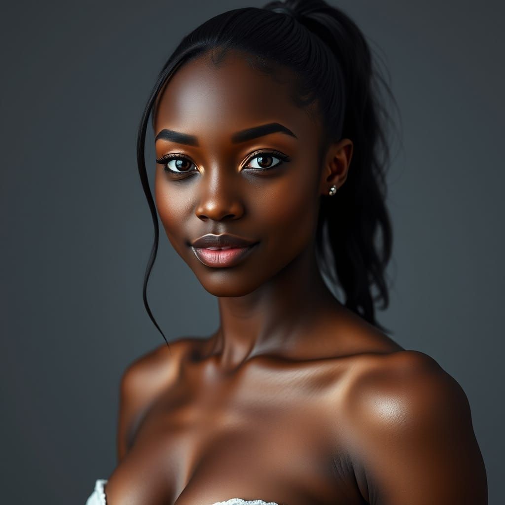 Seductive 18-Year-Old Woman in a Serious Smile with Ponytail