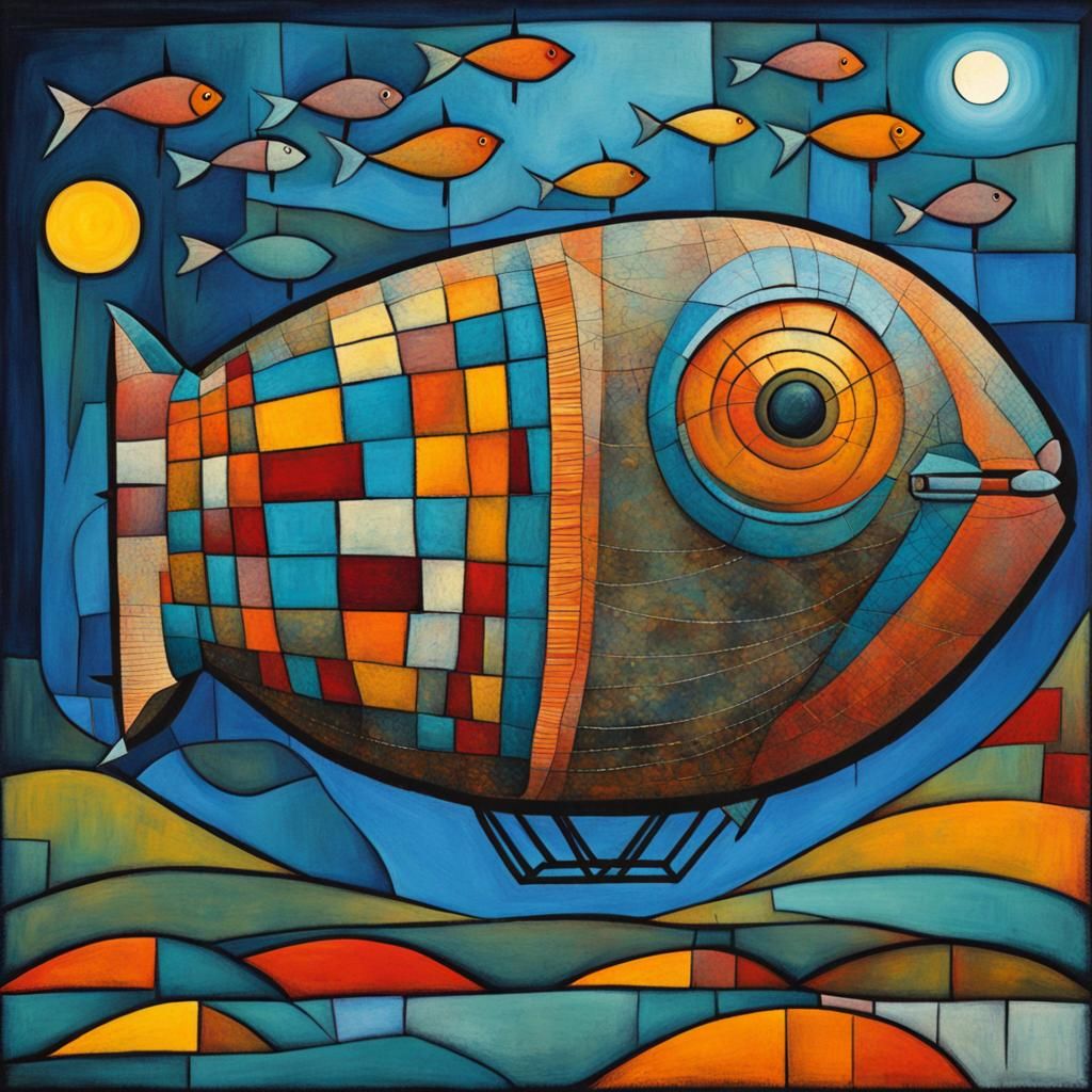 Cubist Fish Dirigible in Moonlit Sky