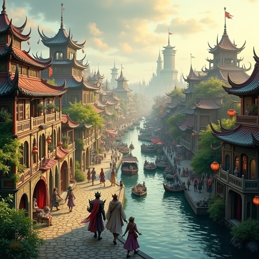 Fantasy Coastal City in Vibrant, Whimsical Style