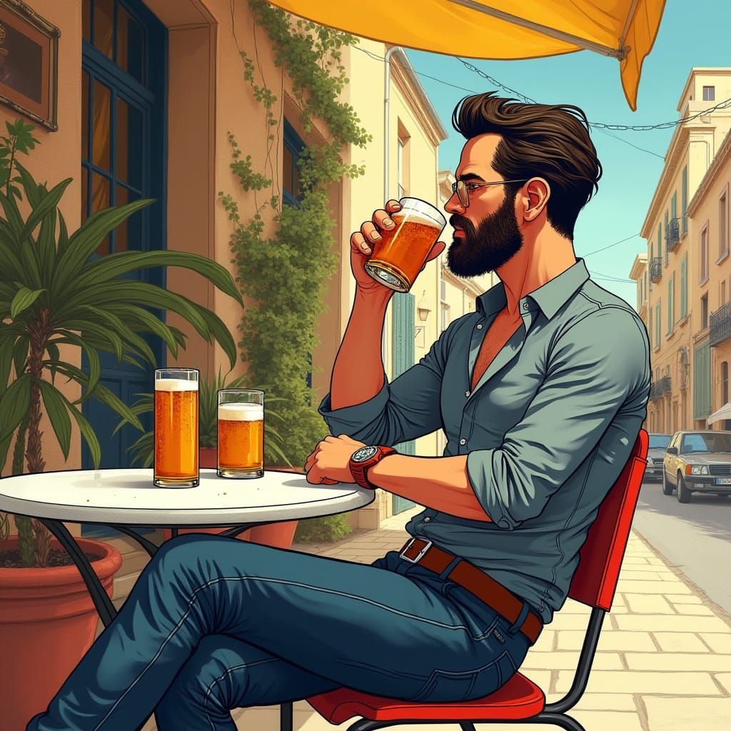Zack Urlocker Drinks Beer in Aix, 1950s Comic Style