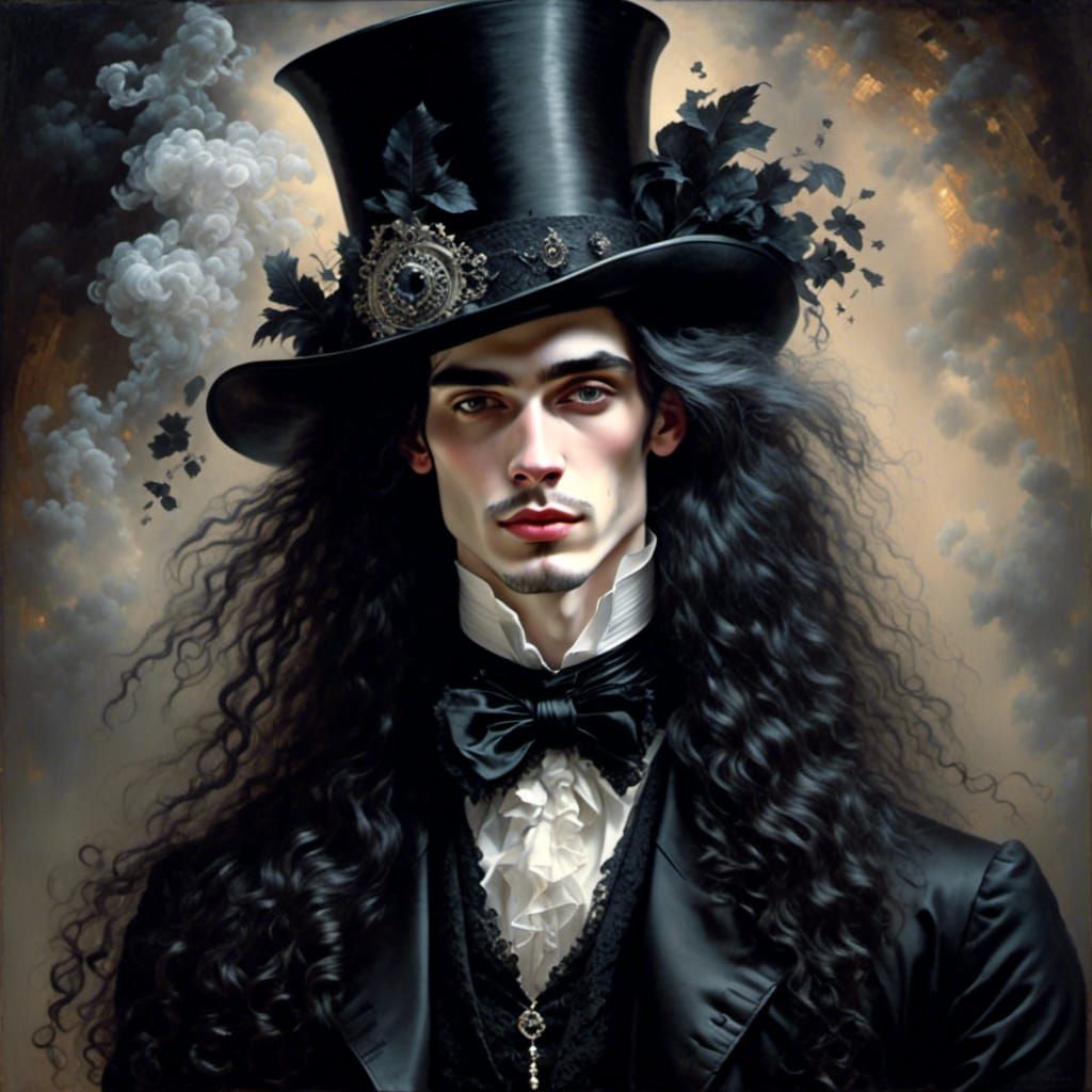 Glamorous Goth Man with Top Hat in Watercolor