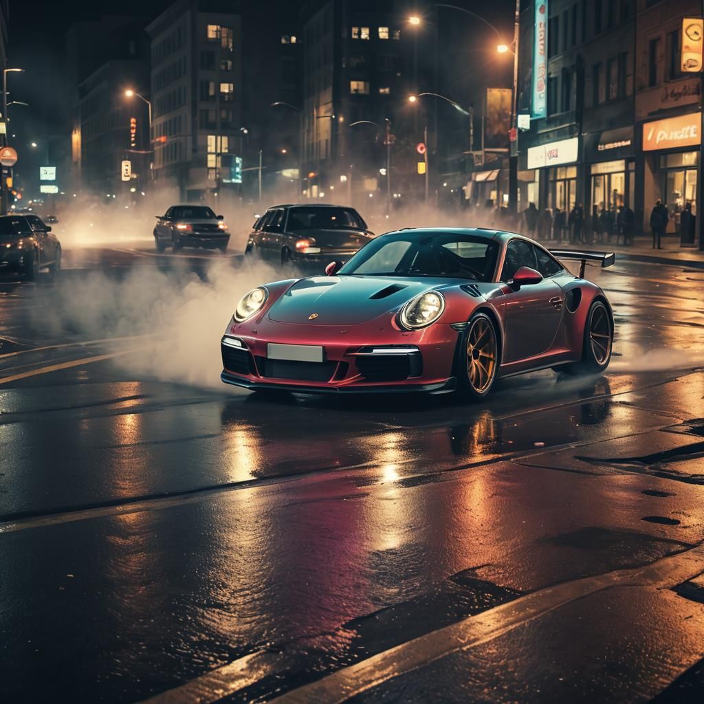 Porsche 911 Drifting at Night in Neon City