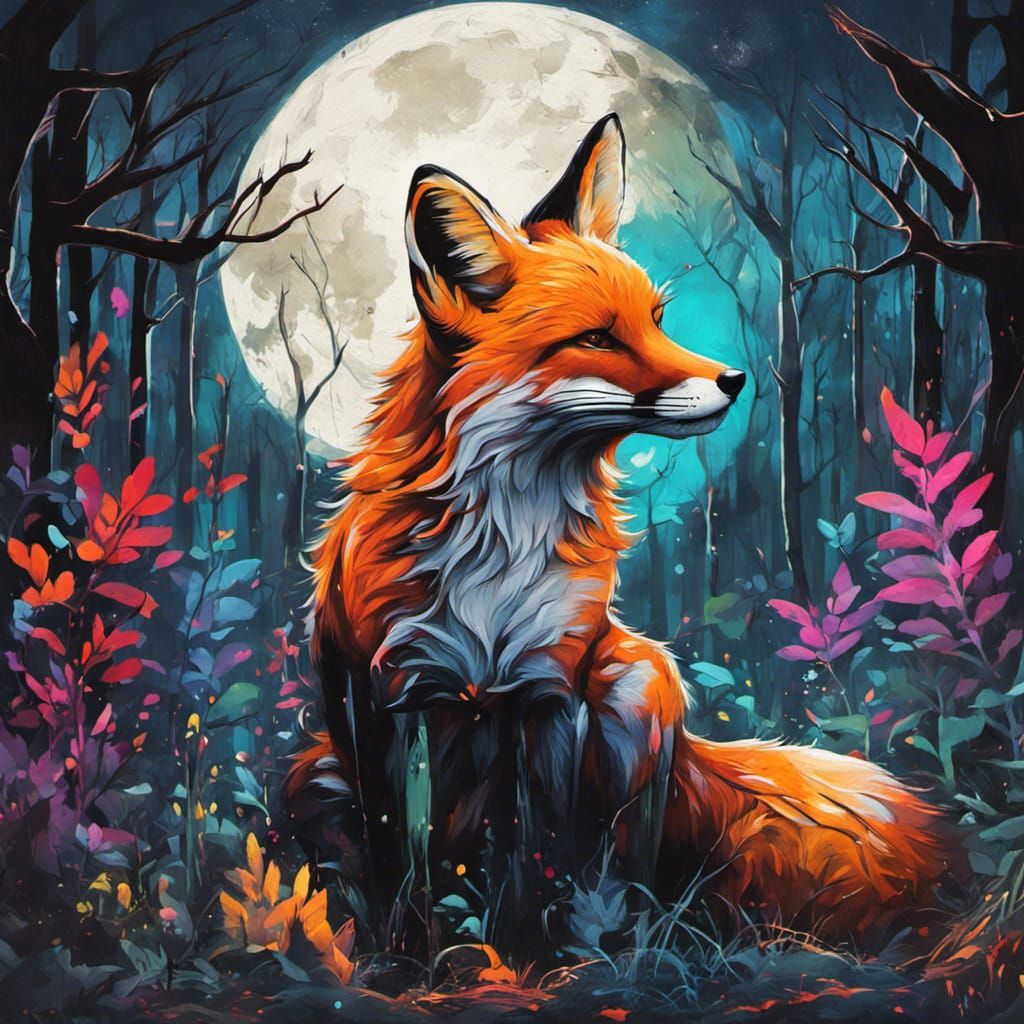 Fox in Forest at Night: Graffiti Art