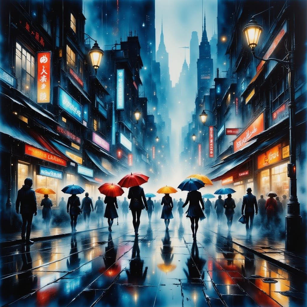 Rainy City Nightscape in Watercolor-Inspired Futuristic Styl...