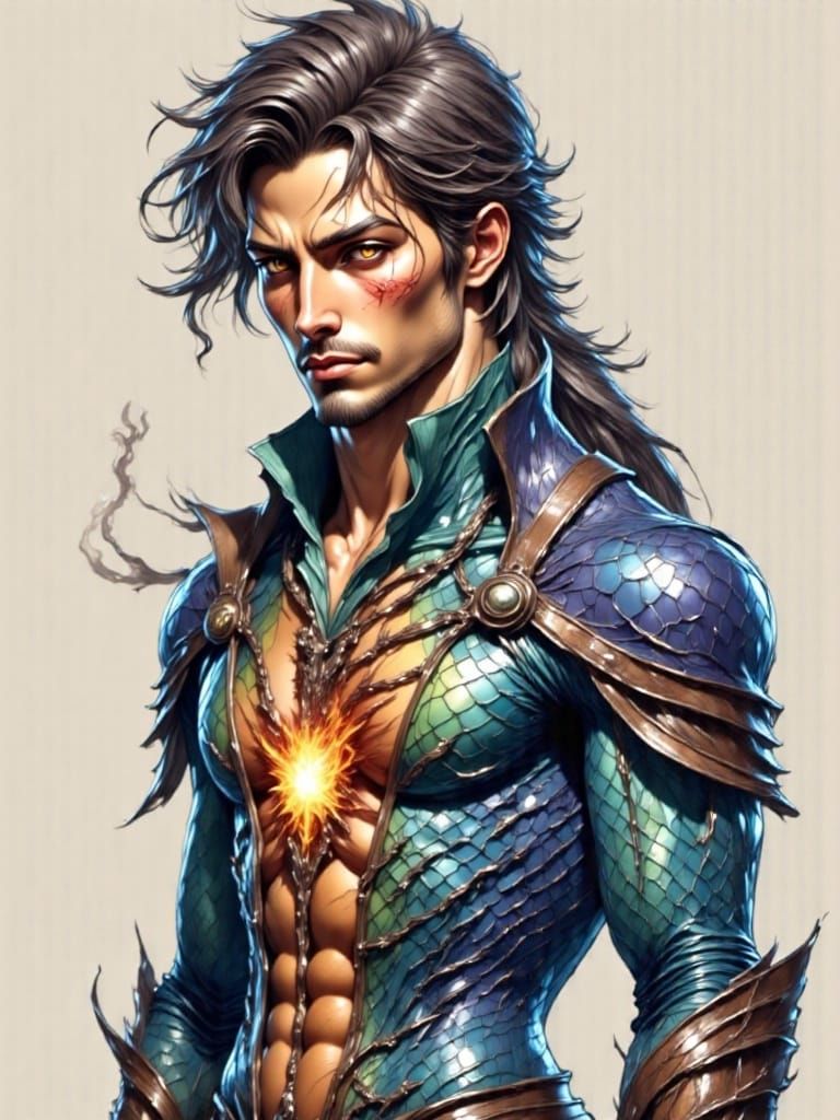 Dragon Scale Man in Castle, Hyperrealistic Digital Art