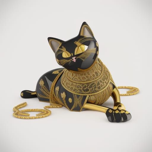 Golden Metal Cat with Jewels in 3D
