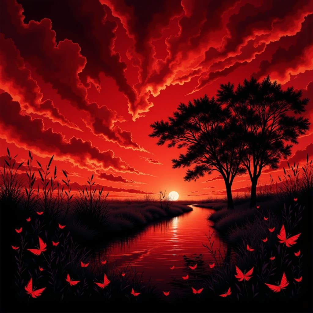 Dramatic Red Skies at Night with Ink and Gold Accents