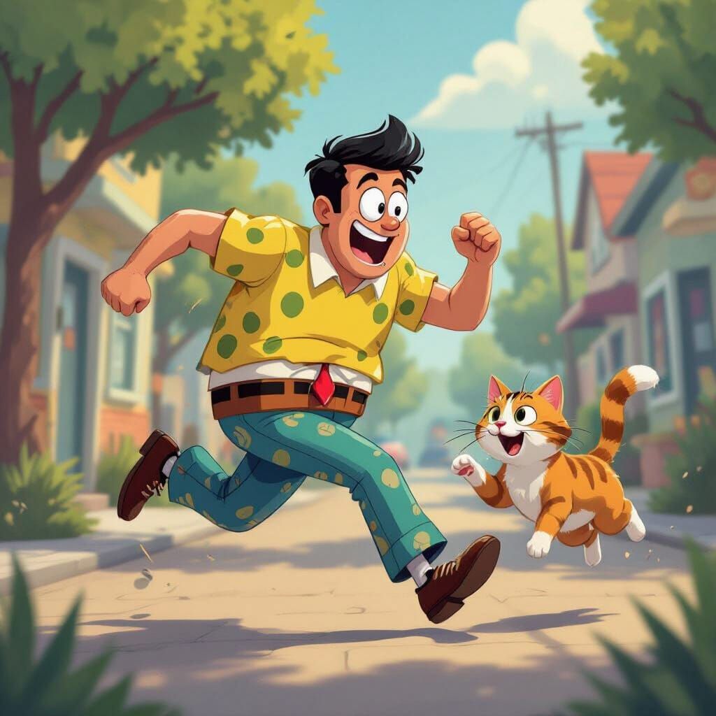 Man Chases Cat in SpongeBob Attire, Digital Illustration