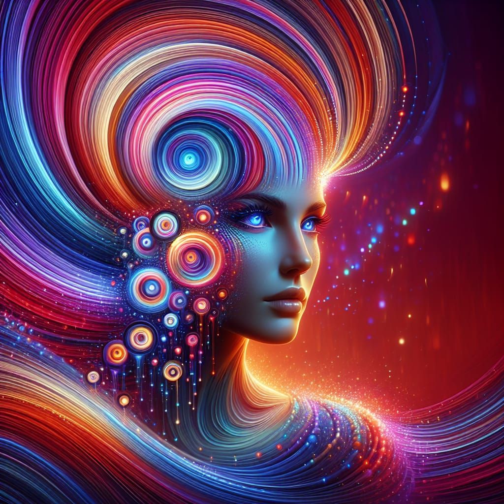 Colorful Rings Emanate from Woman in Digital Artwork