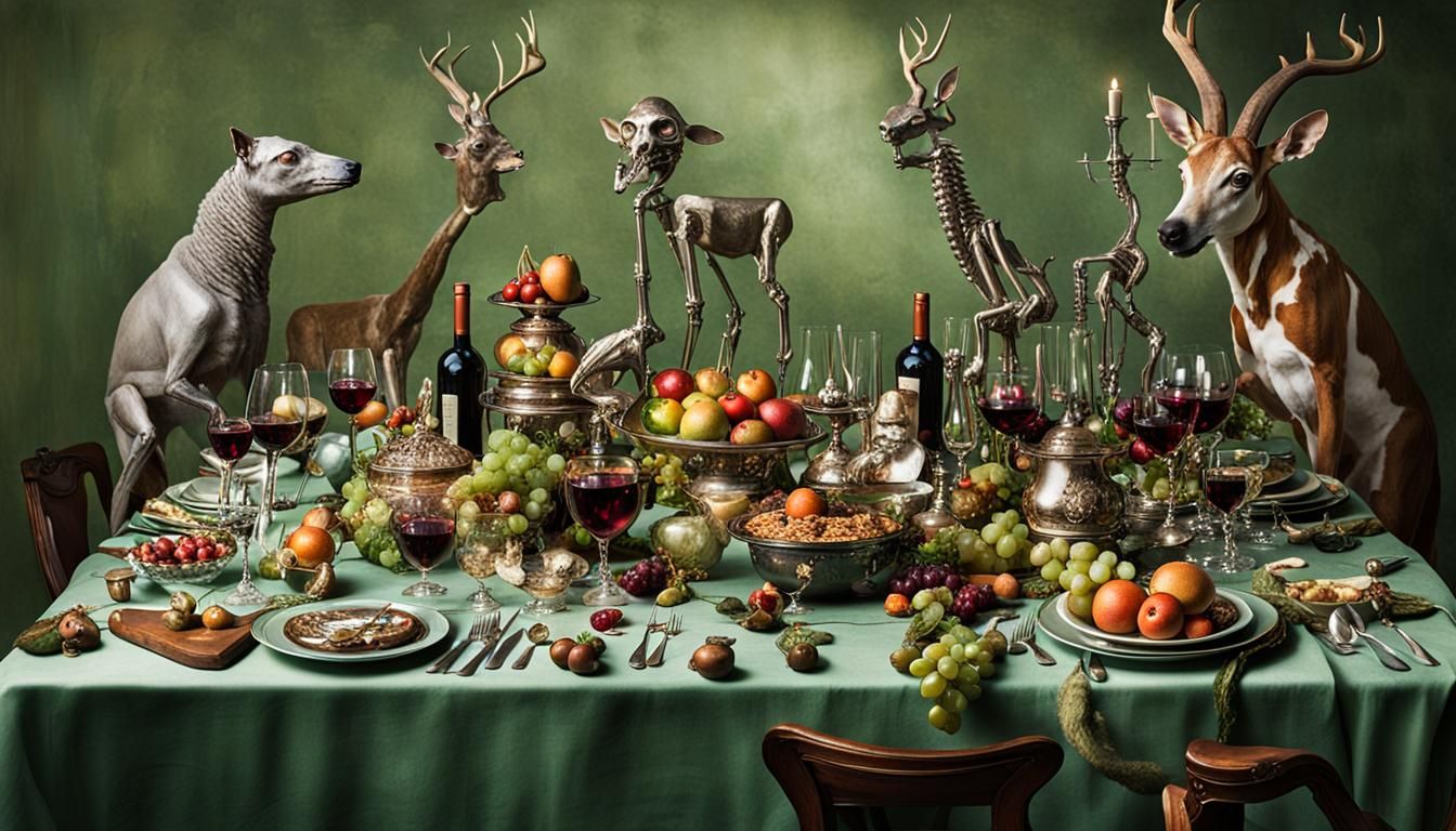Surreal Dinner Party Table with Animals and Oddities