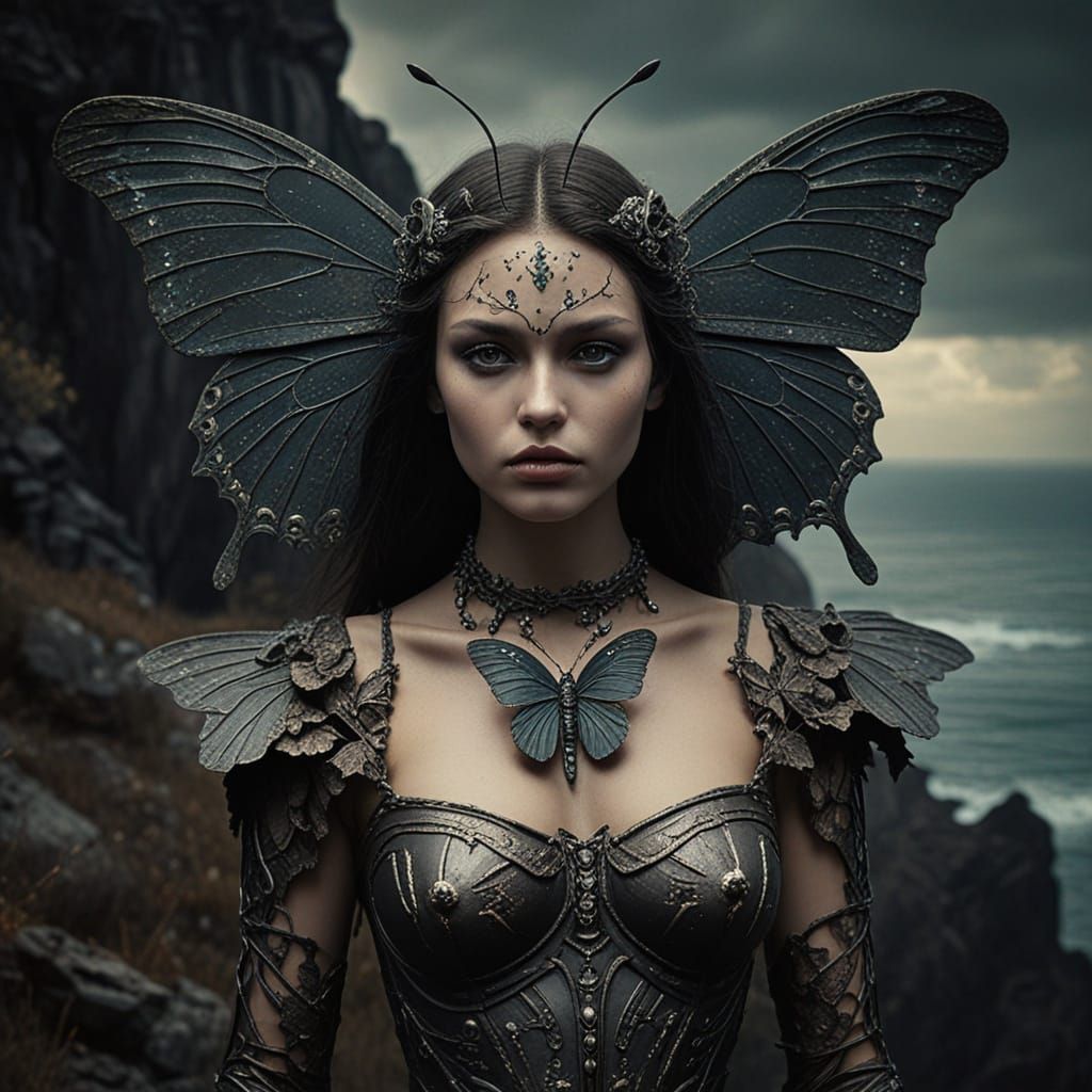 Butterfly Guardian on Cliff in Naive Art Style