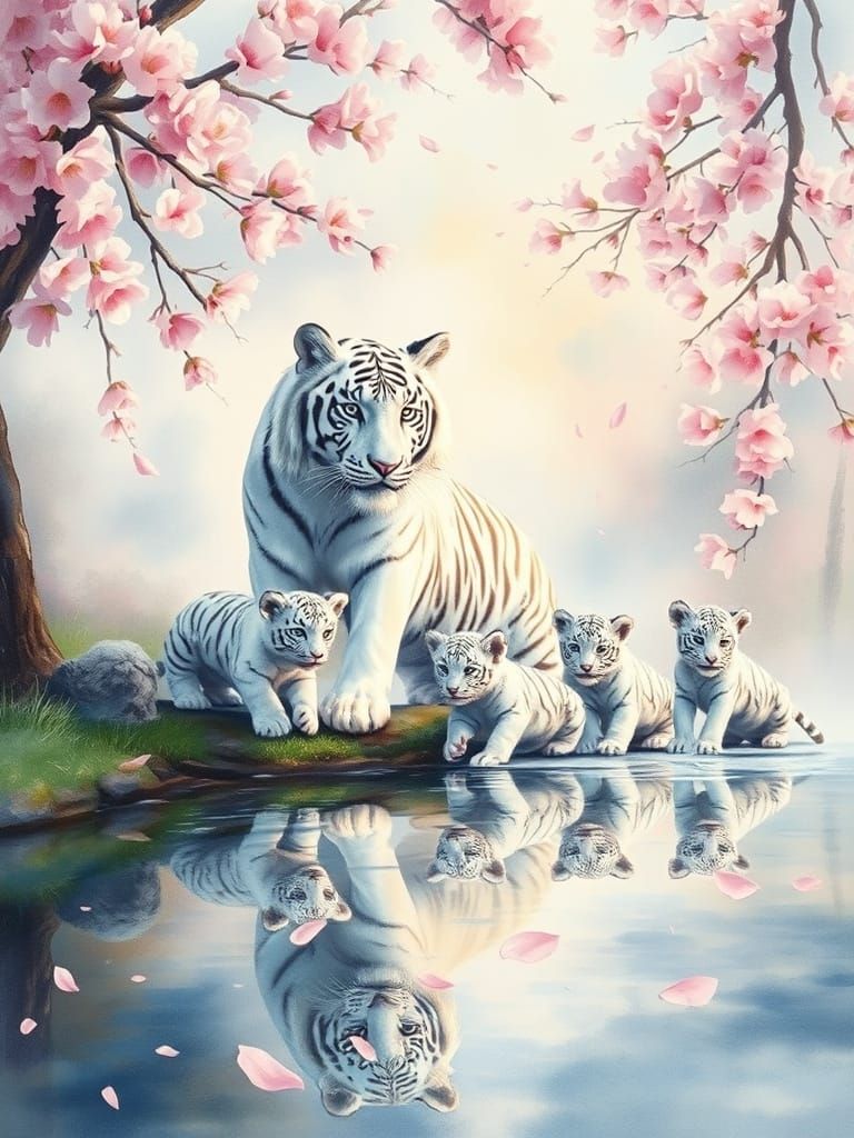 White Tiger Family in Watercolor Dawn