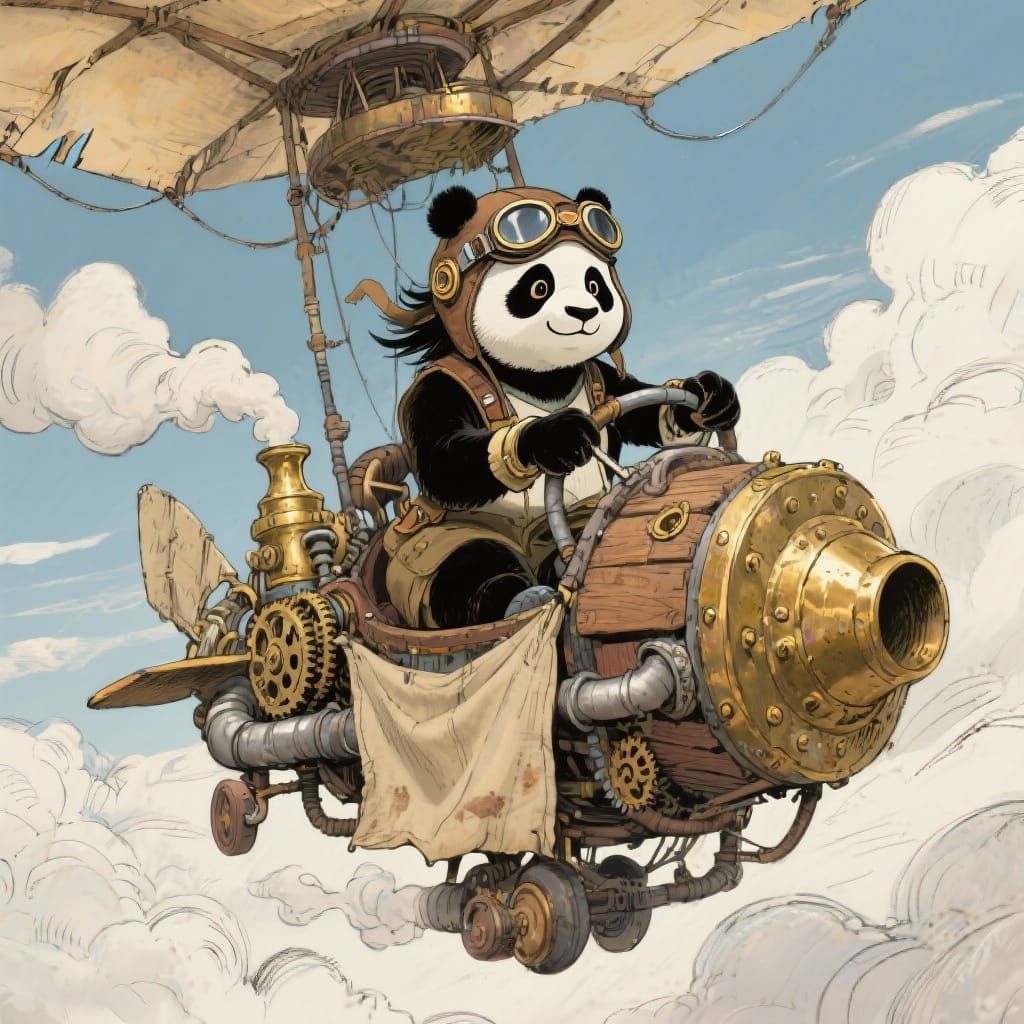 Steampunk Panda Pilot Soars in Rickety Flying Machine