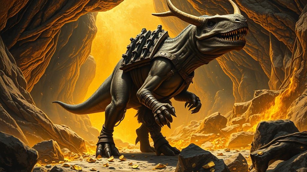 Muscular Centaur-Minotaur in Gold Mine, Dark Fantasy Art