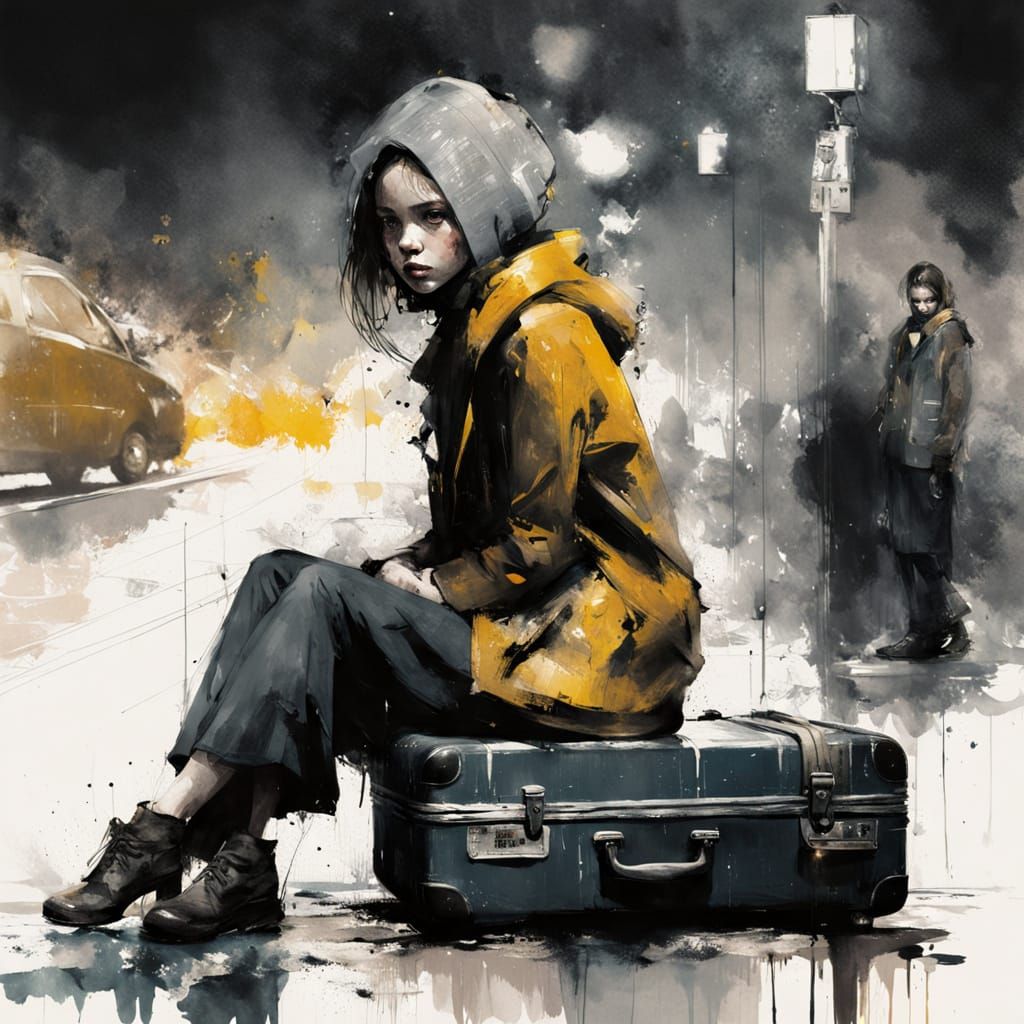 Girl Lost in a Forgotten Train Station Watercolor