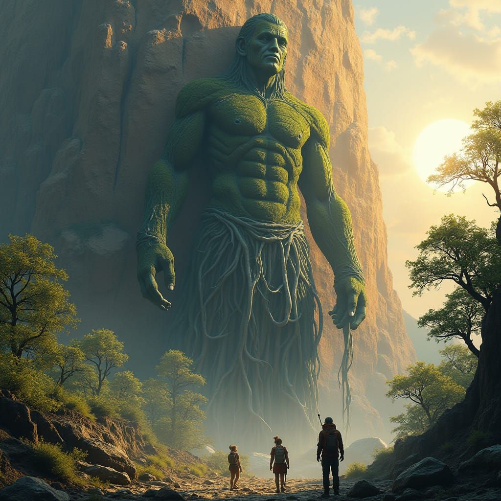 Colossal Ancient Deity Statue Amidst Vibrant Mountainside La...