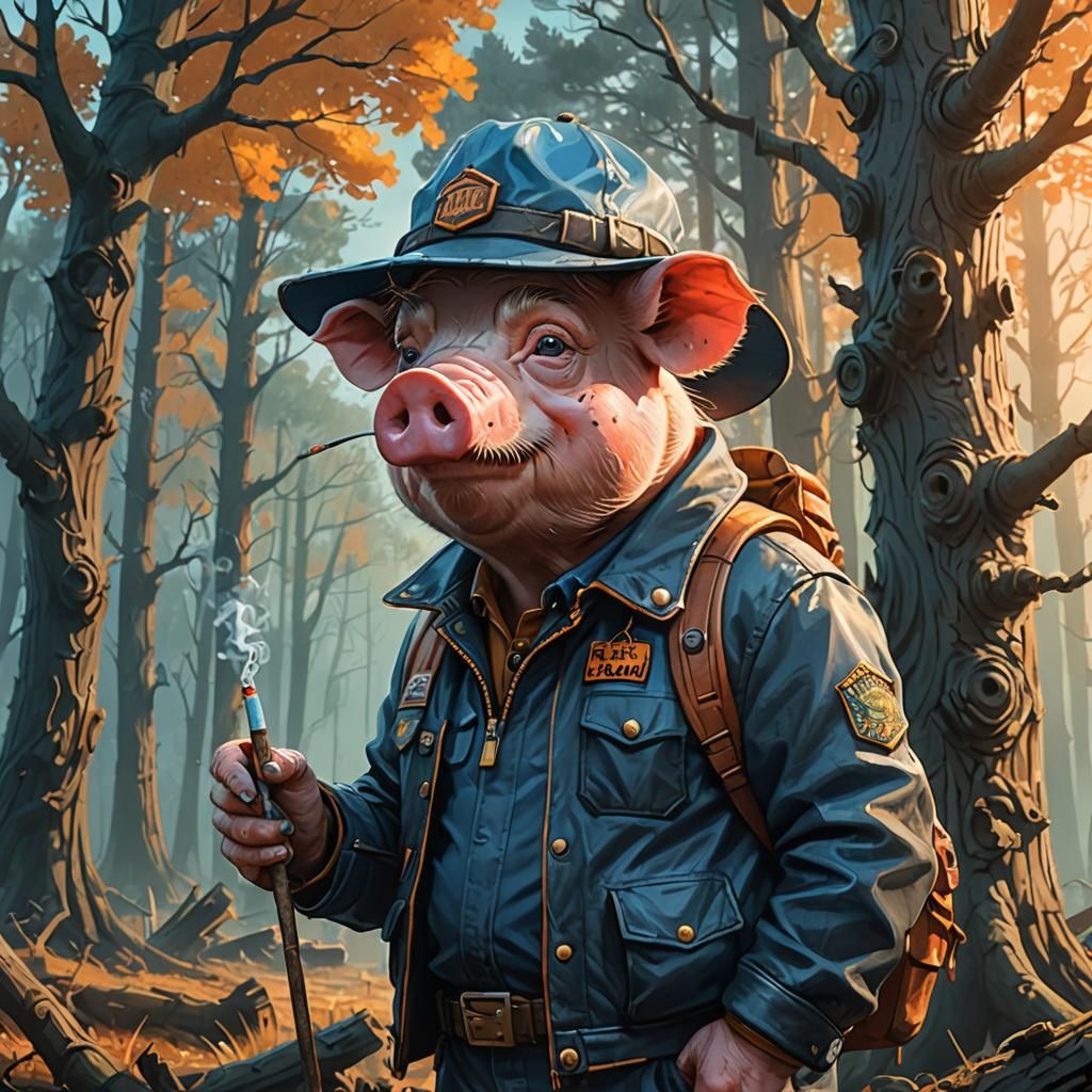 Grumpy Pig Smokes in Mystical Forest Concept Art