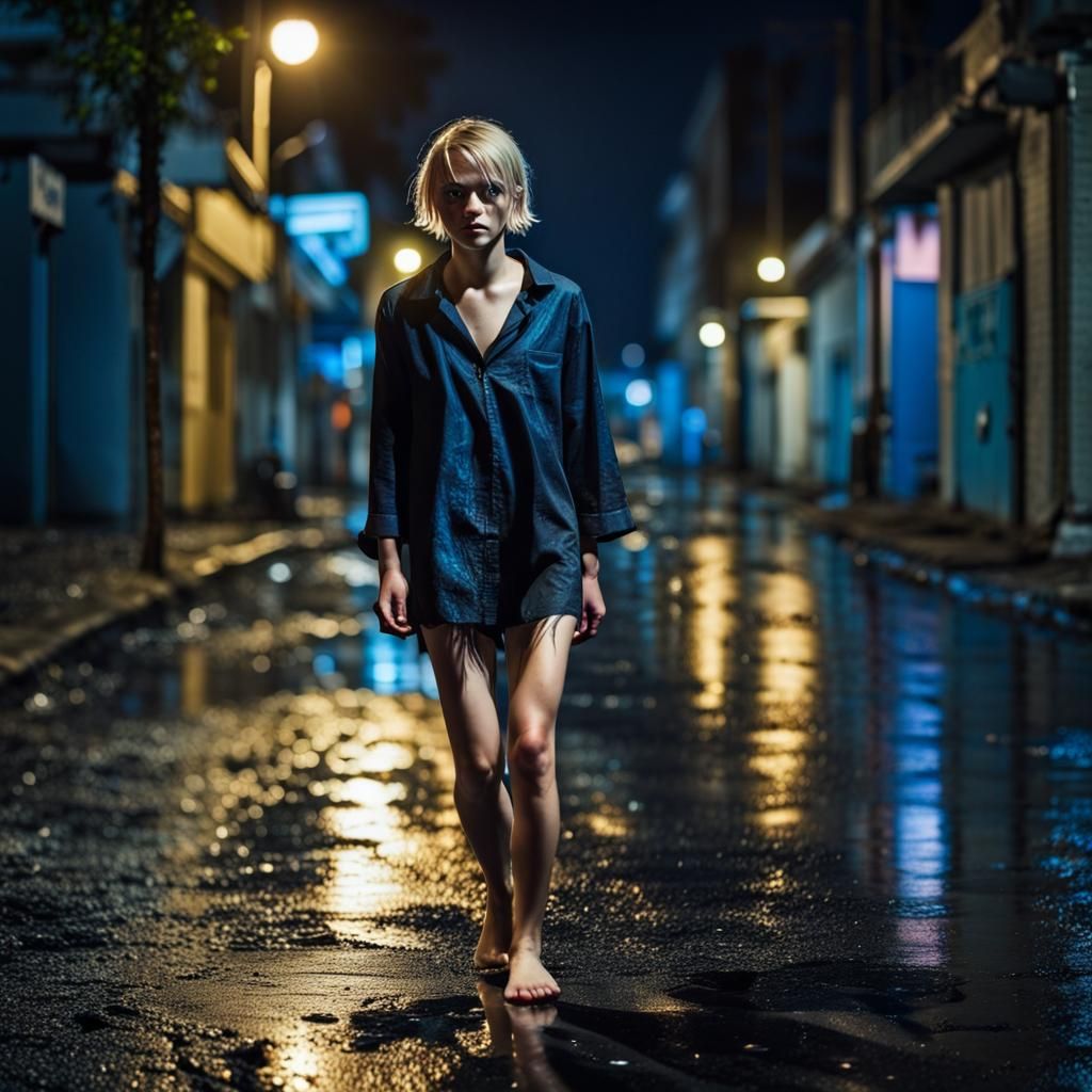Girl in Torn Shirt Walks Neon-Lit Street
