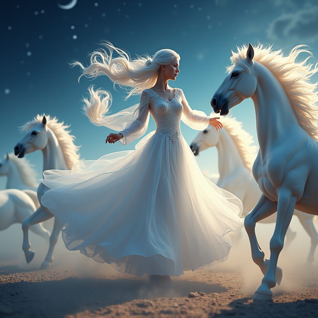 Ethereal Woman Dancing with White Horses Under Stars