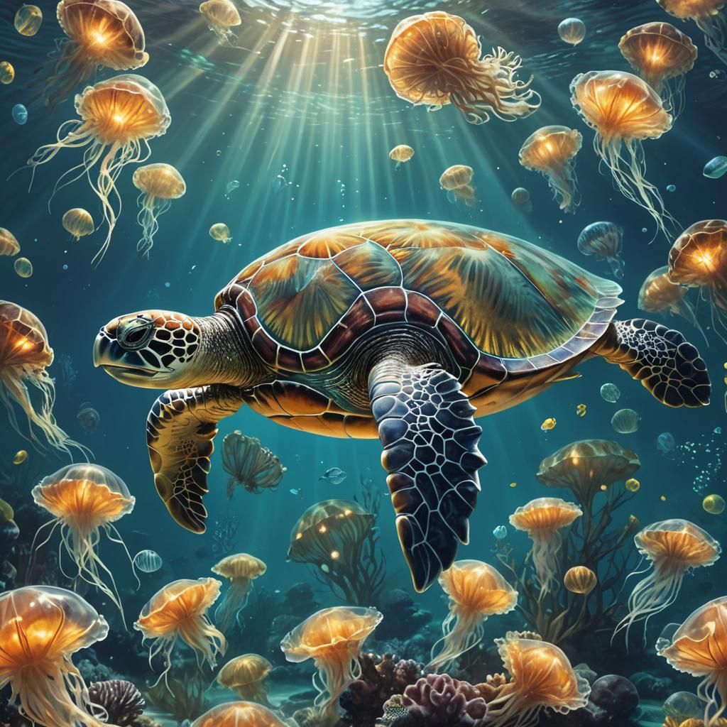 Glowing Glass Sea Turtle in Bioluminescent Ocean