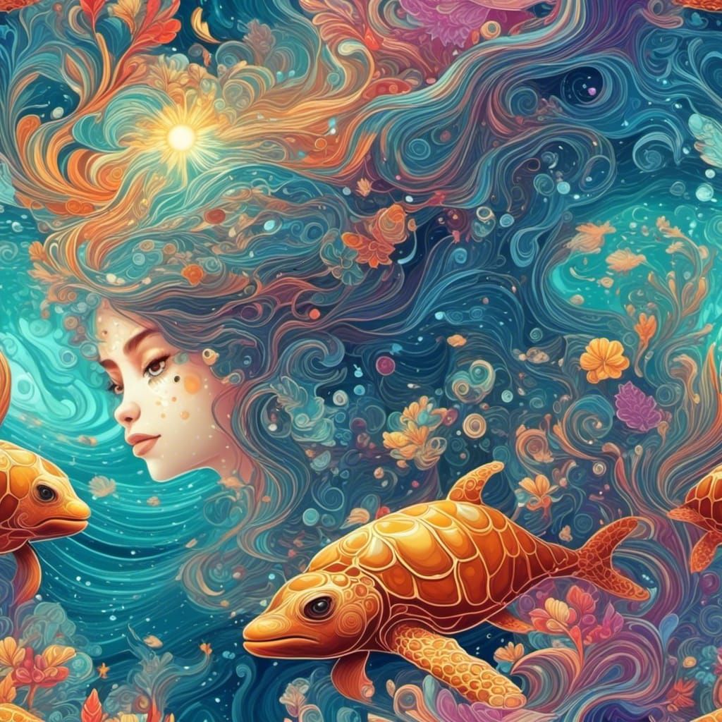 Ecstatic Mermaid Pair in Ocean with Dolphins, 3D Shading