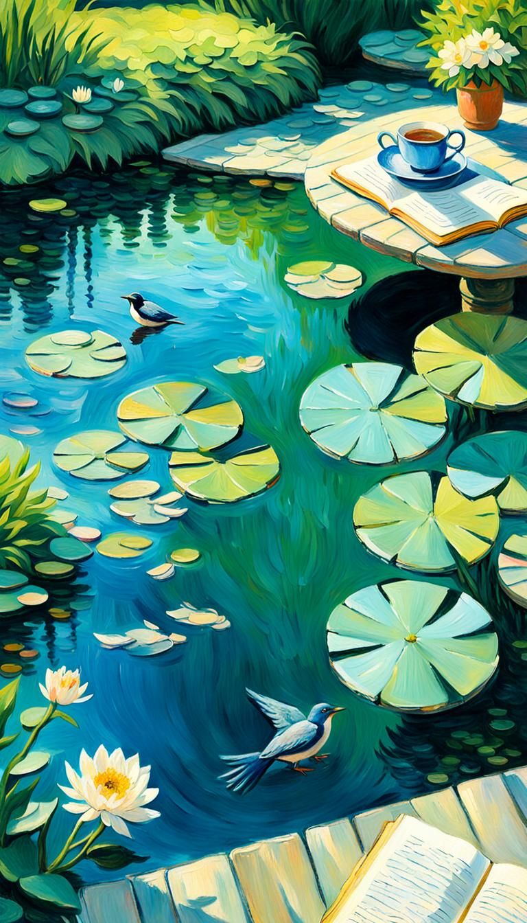 Nymphea Among Books and Tea: An Impressionist Painting