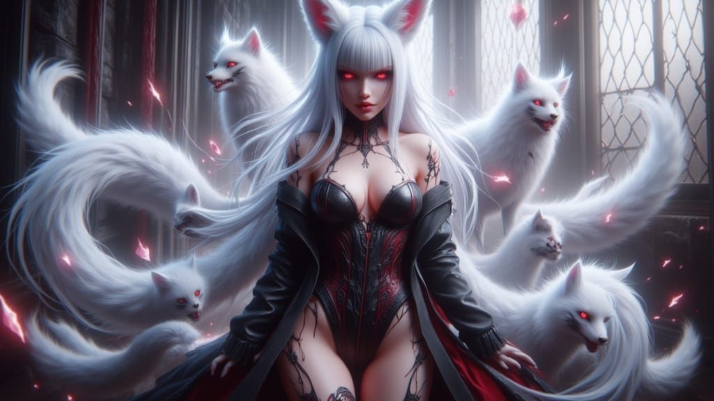 Ethereal Anime Fox Girl in Latex Corset with Vibrant Colors