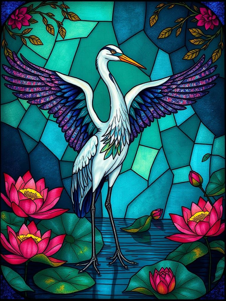 Art Deco Heron in Stained Glass Style